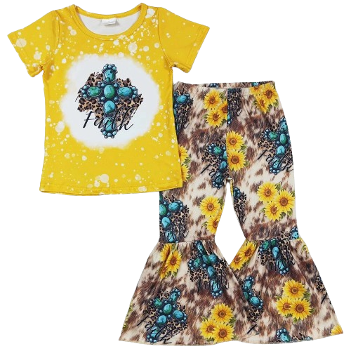 Faith Sunflower Cross Western Bell Bottom Outfit Kids Summer