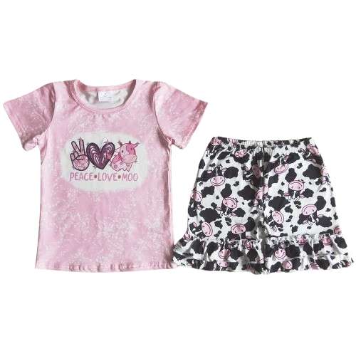 Summer Peace Love Moo Cow Western Summer Shorts Outfit -Kids