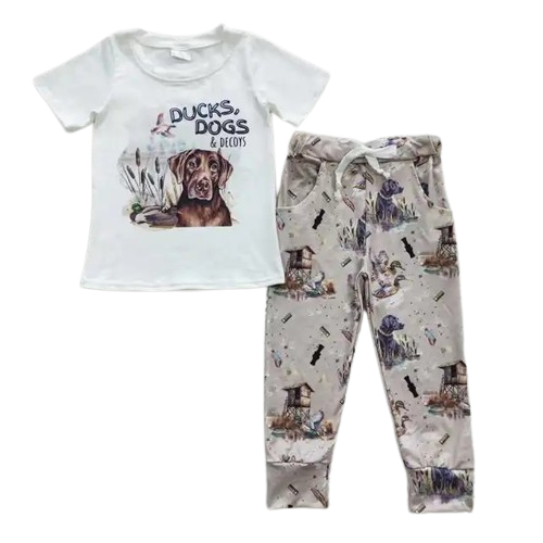 Summer Ducks and Dogs Boys Loungewear Outfit Western Short Sleeve Shirt and Pants - Kids Clothes