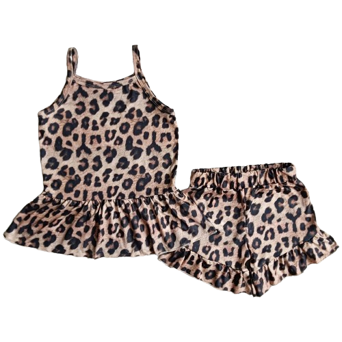 Leopard Print Summer Sleeveless Ruffle Accent Top & Shorts
