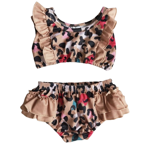 Girls Western Swimsuit - Two Piece Beige Leopard Ruffle