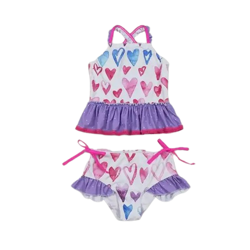 Girls Two-Piece Summer Swimsuit - Pastel Heart Bow Kids Pink