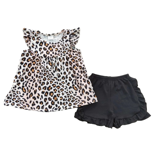 Leopard Flutter Sleeve Shorts Outfit - Western Kids Girls