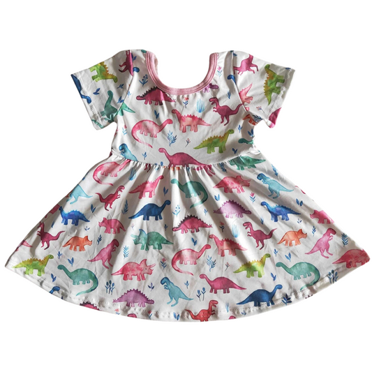 Summer  Whimsical Dress Pastel Dinosaur Twirly - Kids Clothing