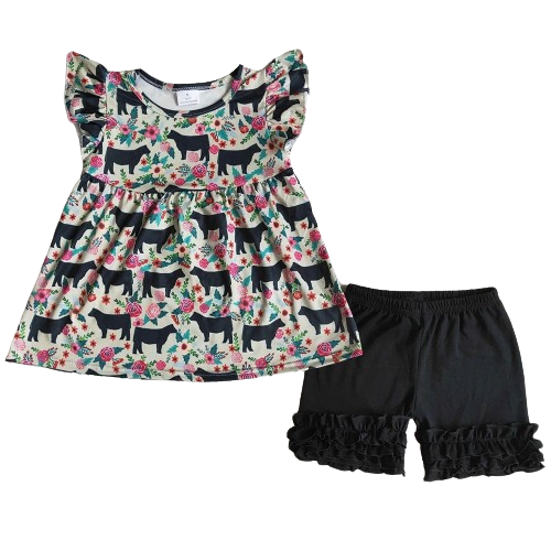 Girls Summer Shorts Outfit - Black Floral Cow Ruffle Western