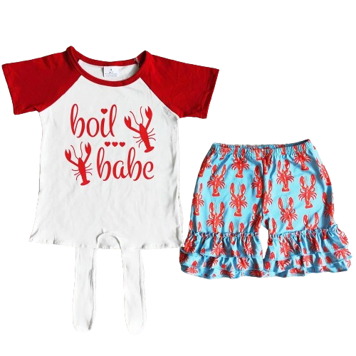 Summer  Boil Babe Crawfish Outfit Whimsical Short Sleeve Shirt and Shorts - Kids Clothes