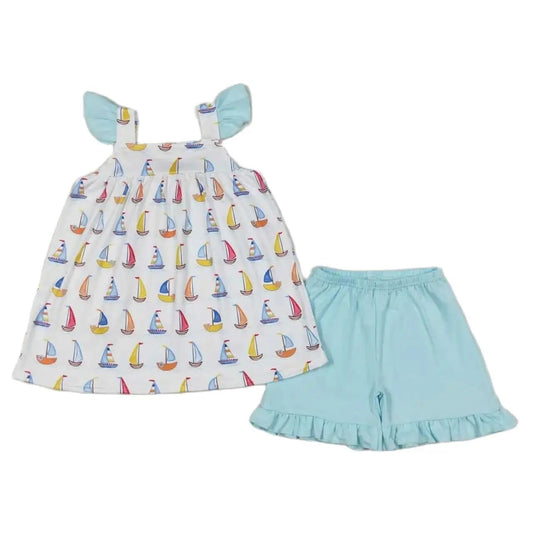Summer  Flutter Sleeve Sailboat Ruffle Outfit Colorful Sleeveless Shirt and Shorts - Kids Clothes