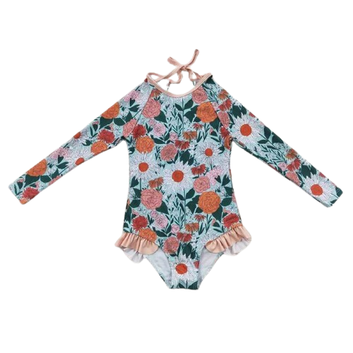 Girls Long Sleeve Floral Ruffle 4th of July Bathing Suit