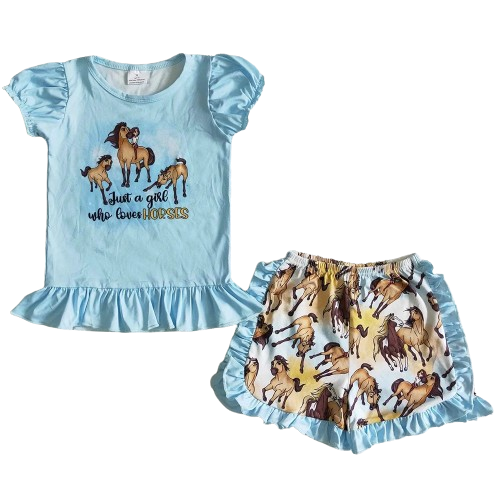 Summer Horse Print Outfit Western Short Sleeve Shirt and Shorts - Kids Clothes