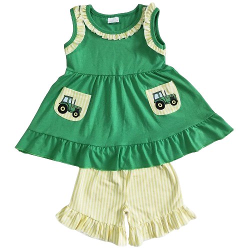 Summer  Green Tractor Ruffle Outfit Southwest Sleeveless Shirt and Shorts - Kids Clothes