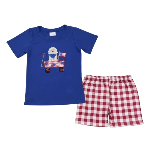 Puppy 4th of July Parade Blue/Red Gingham Boys Short Set