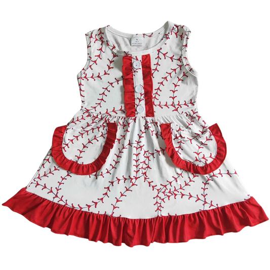 Baseball Red Ruffle Button Accent Dress - Kids Summer Girls