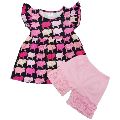Pig Flutter Sleeve  Western Sleeveless Shirt and Shorts - Kids Clothes