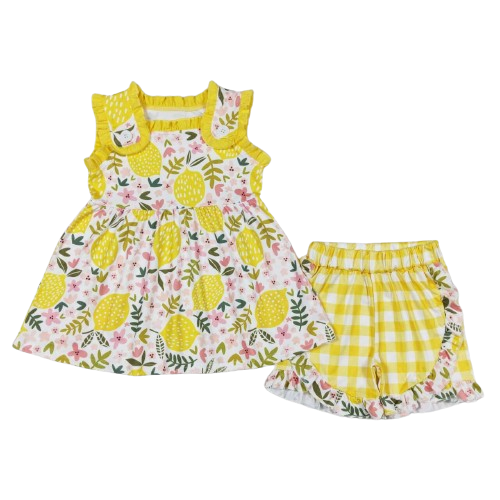 Lemon Plaid Floral Colorful Summer Shorts Set- Kids Clothes