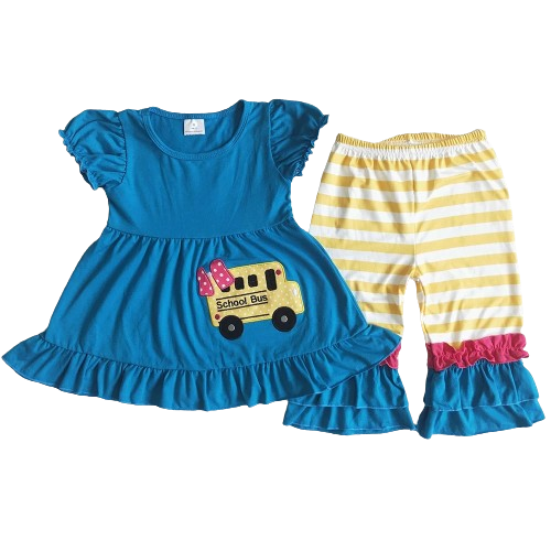 Summer School Bus Ruffle Short Sleeve Tunic & Pants Set-Kids