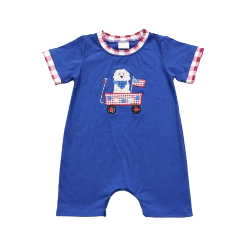 Puppy 4th of July Parade Blue/Red Gingham Boys Romper