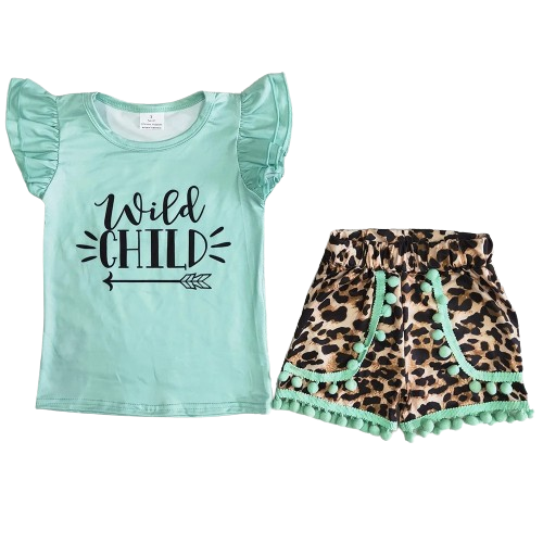 Wild Child Teal Leopard Outfit Southwest Short Sleeve Shirt and Shorts - Kids Clothing