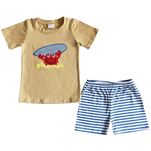 Happy Crab Striped Whimsical Summer Shorts Outfit - Kids