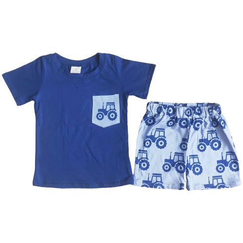 Blue Tractor Outfit Southwest Short Sleeve Shirt and Shorts - Kids Clothing