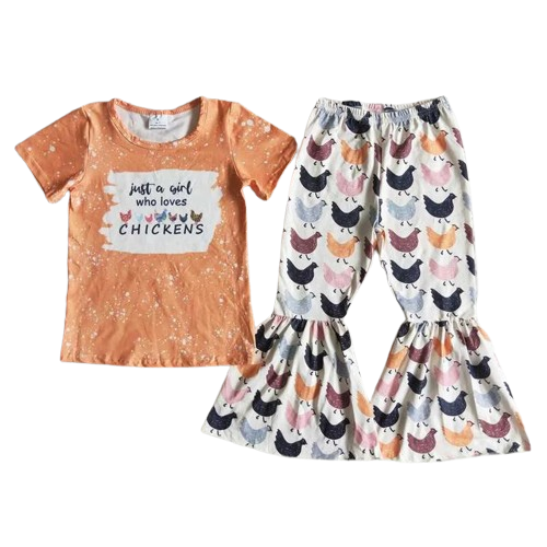 Summer  Girl Loves Chickens Outfit Southwest Short Sleeve Shirt and Pants - Kids Clothes