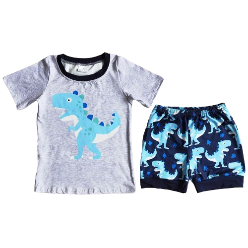 Blue Dinosaur Whimsical Summer Shorts Outfit - Kids