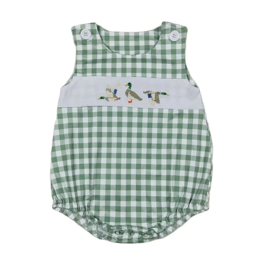 TRIPLE DUCK Green Gingham Sleeveless Boys Romper-Kid Clothes