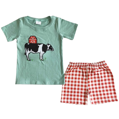 Preppy Plaid Cow Outfit  Short Sleeve Shirt and Shorts - Kids Clothing