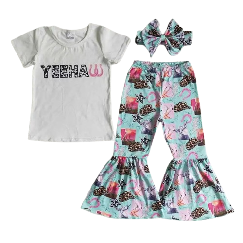 Summer  Yeehaw Bougie Cowgirl Outfit Southwest Short Sleeve Shirt and Pants - Kids Clothes
