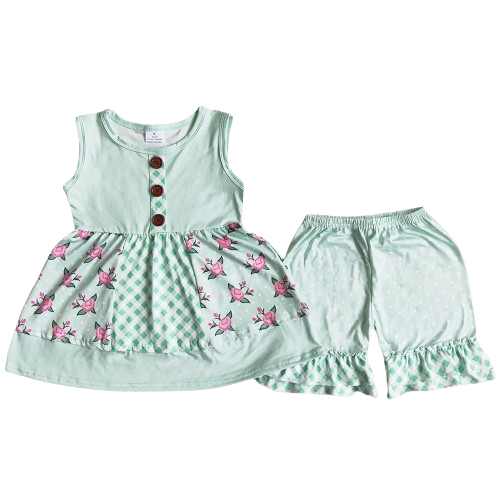 Summer Mint Patchwork Floral Summer Shorts Outfit - Kids