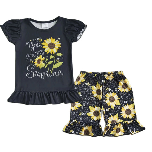 Girls Summer Shorts Outfit Sunflower Ruffle Bee Kids Western