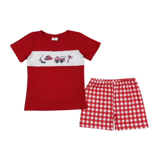 Summer  Lil Fire Engine Cutie Outfit Whimsical Short Sleeve Shirt and Shorts - Kids Clothes