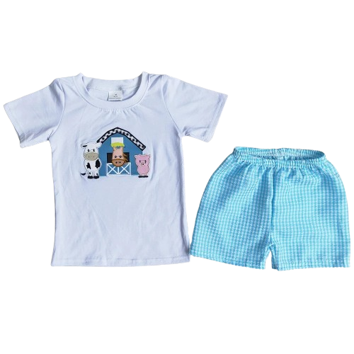 Preppy Plaid Farm Animals Outfit Southwest Short Sleeve Shirt and Shorts - Kids Clothing