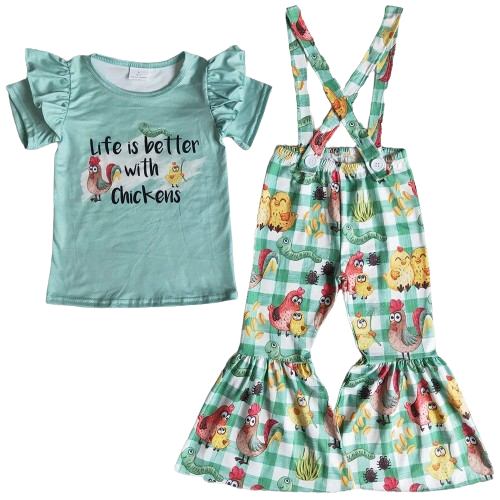 Summer Life Is Better with Chickens Jumpsuit Outfit Western Short Sleeve Shirt and Pants - Kids Clothes