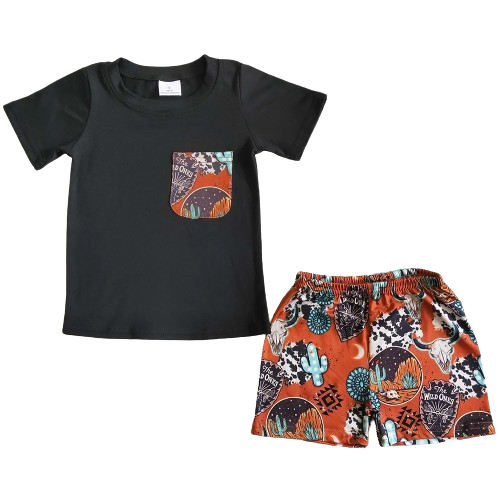 Wild Western Steer Outfit Southwest Short Sleeve Shirt and Shorts - Kids Clothing