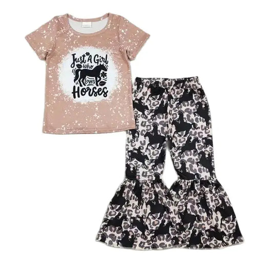 Summer Girl Who Loves Horses Leopard Print Outfit Western Short Sleeve Shirt and Pants - Kids Clothes