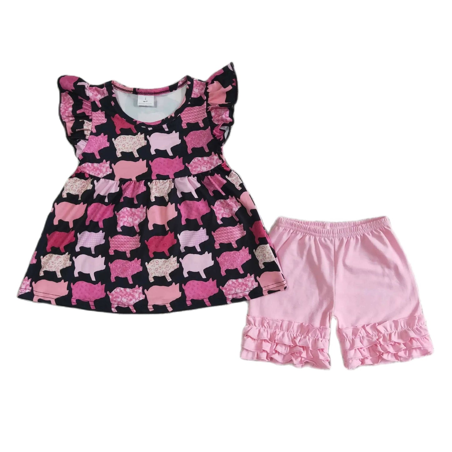 Pig Flutter Sleeve  Western Summer Shorts Set - Kids Clothes