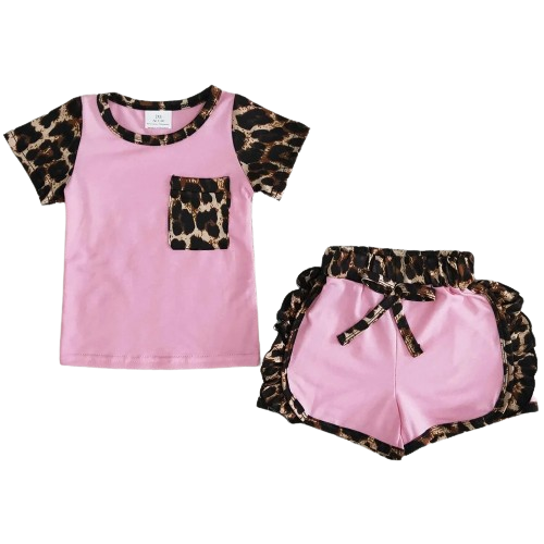Summer Pink/Black Leopard Short Sleeve Shirt & Ruffle Shorts