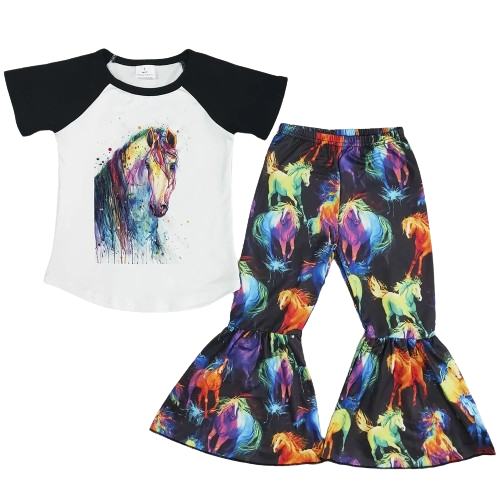 Summer Watercolor Horse Outfit Western Short Sleeve Shirt and Pants - Kids Clothes
