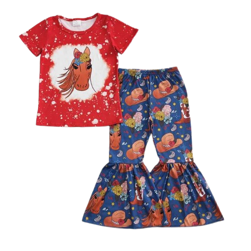 Red Floral Horse Western Bell Bottom Outfit Kids Girl Summer