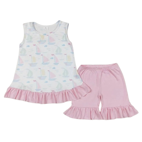 Kids Girls Summer Shorts Outfit - Pink Sailboat Ruffle
