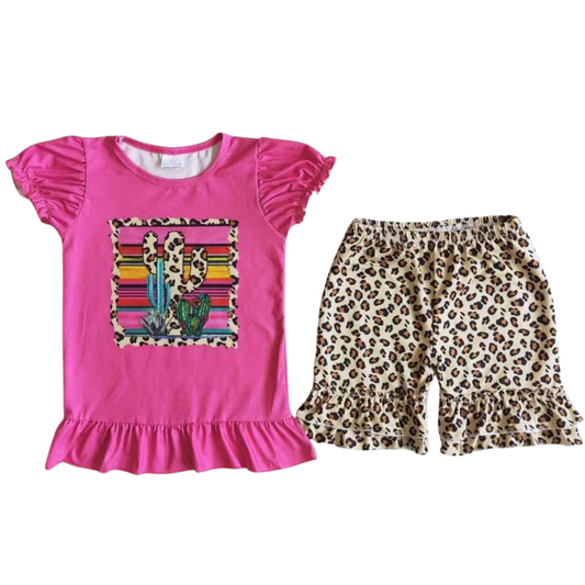 Pink Leopard Cactus Southwest Summer Shorts Outfit - Kids