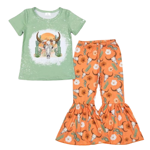 Summer Steer Skull Cactus Outfit Western Short Sleeve Shirt and Pants - Kids Clothes