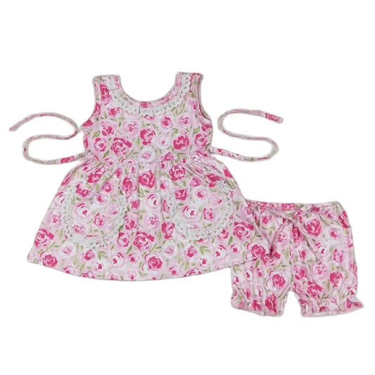 FLORAL Pink Blooms + Lace Sleeveless Shirt + Shorts Set