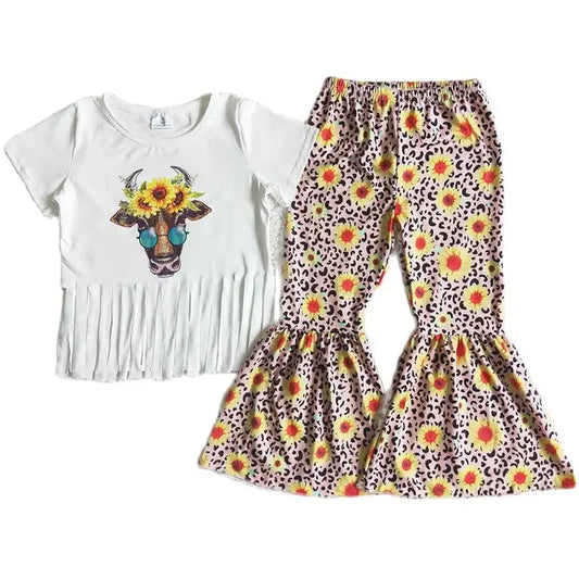 Summer Floral Fringe Sunflower Leopard Steer Outfit Western Short Sleeve Shirt and Pants - Kids Clothes