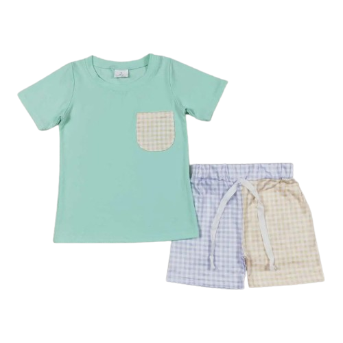 Summer Pastel Gingham Boys Outfit Western Short Sleeve Shirt and Shorts - Kids Clothes