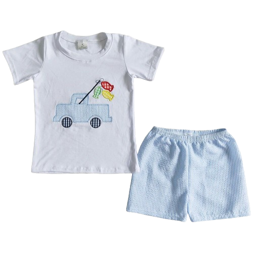Truck Gone Fishing Outfit Whimsical Short Sleeve Shirt and Shorts - Kids Clothing
