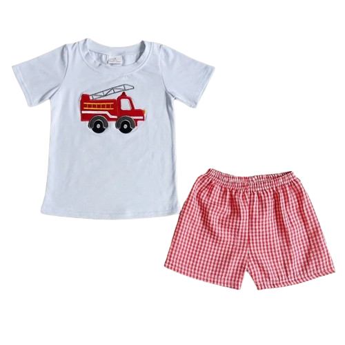Fire Truck Plaid Outfit Whimsical Short Sleeve Shirt and Shorts - Kids Clothing