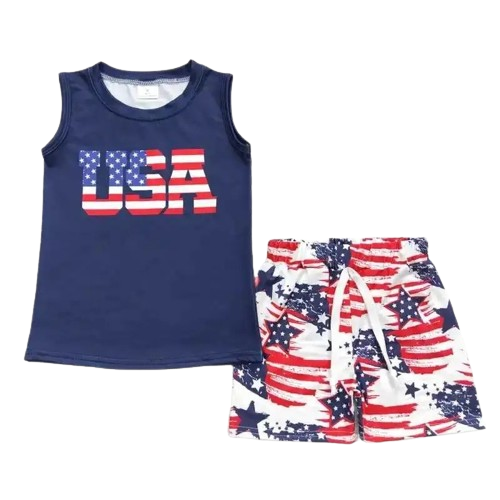 USA Flag Accent Outfit 4th of July Short Sleeve Shirt and Shorts - Kids Clothing