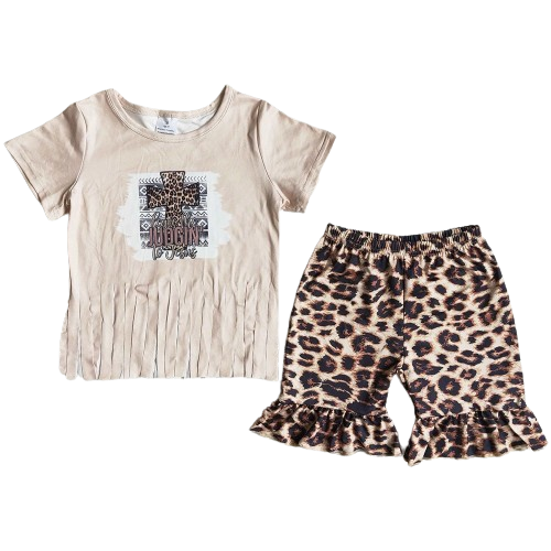 Summer Leopard Print Judgin to jesus Outfit Western Short Sleeve Shirt and Shorts - Kids Clothes