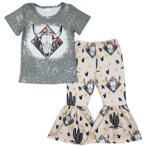 Gray Steer Cactus - Western Bell Bottoms Outfit Kids Summer